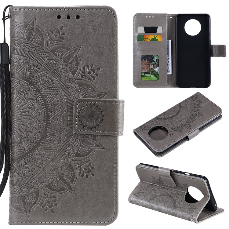 Étui De Portefeuille De Portefeuille De Fleurs Mandala Imprimé Avec Lanière Pour Xiaomi Redmi Redmi Note 9 5G / Note 9T 5G - Gris