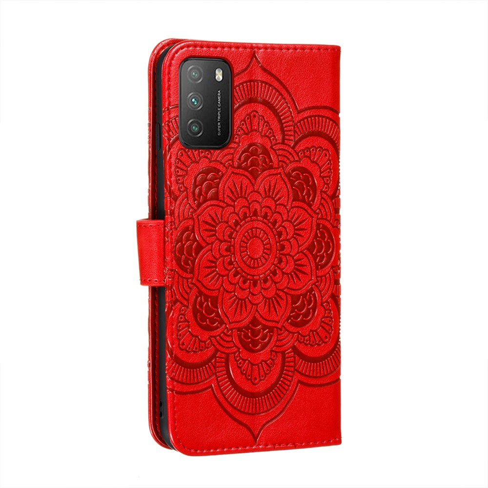 Imprint Mandala Flower Stand Leather Protector for Xiaomi Poco M3 Case - Red-3