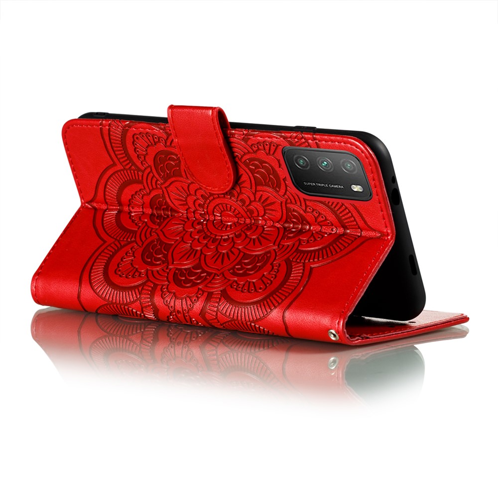 Imprint Mandala Flower Stand Leather Protector for Xiaomi Poco M3 Case - Red-5