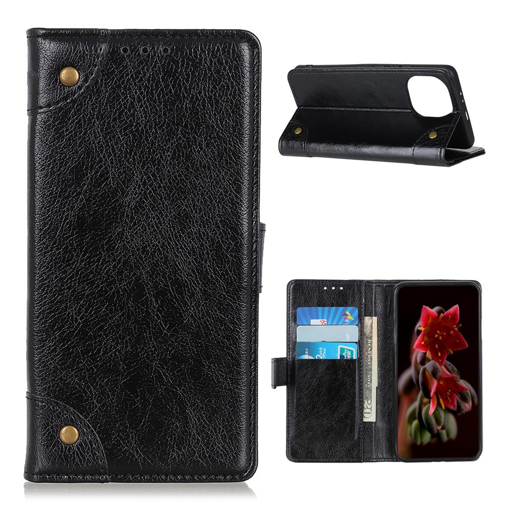 Brass Buckle Nappa Texture Wallet Leather Cell Phone Case for Xiaomi Mi 11 - Black-1