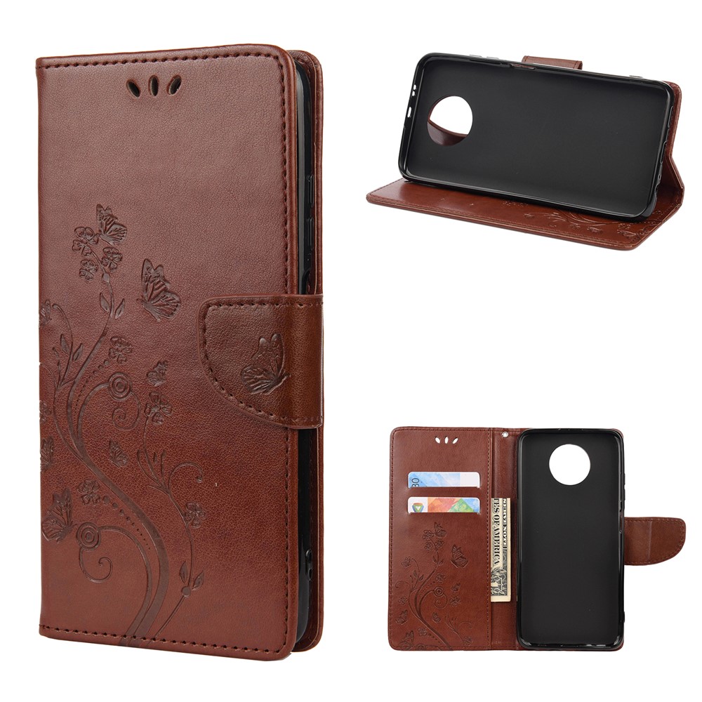 Imprinted Butterflies Flower Leather Wallet Stand Case for Xiaomi Redmi Note 9 5G / Redmi Note 9T 5G - Brown-1
