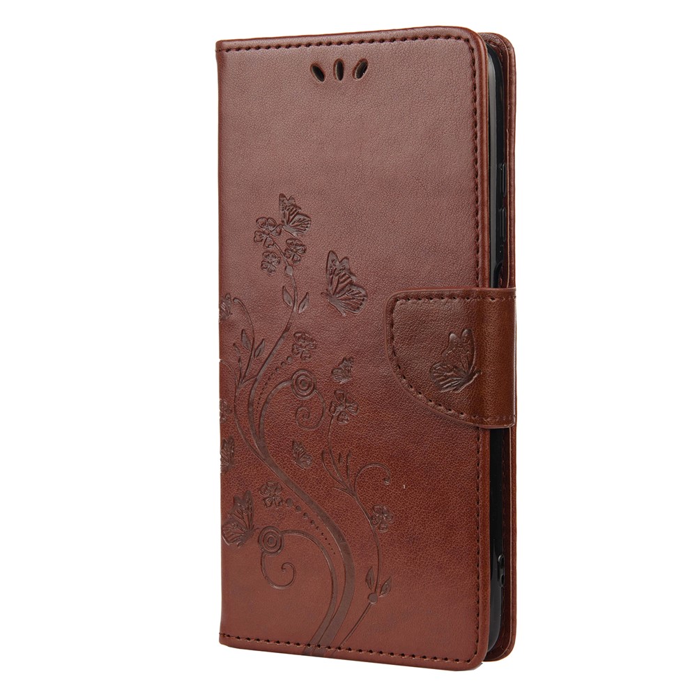 Imprinted Butterflies Flower Leather Wallet Stand Case for Xiaomi Redmi Note 9 5G / Redmi Note 9T 5G - Brown-2