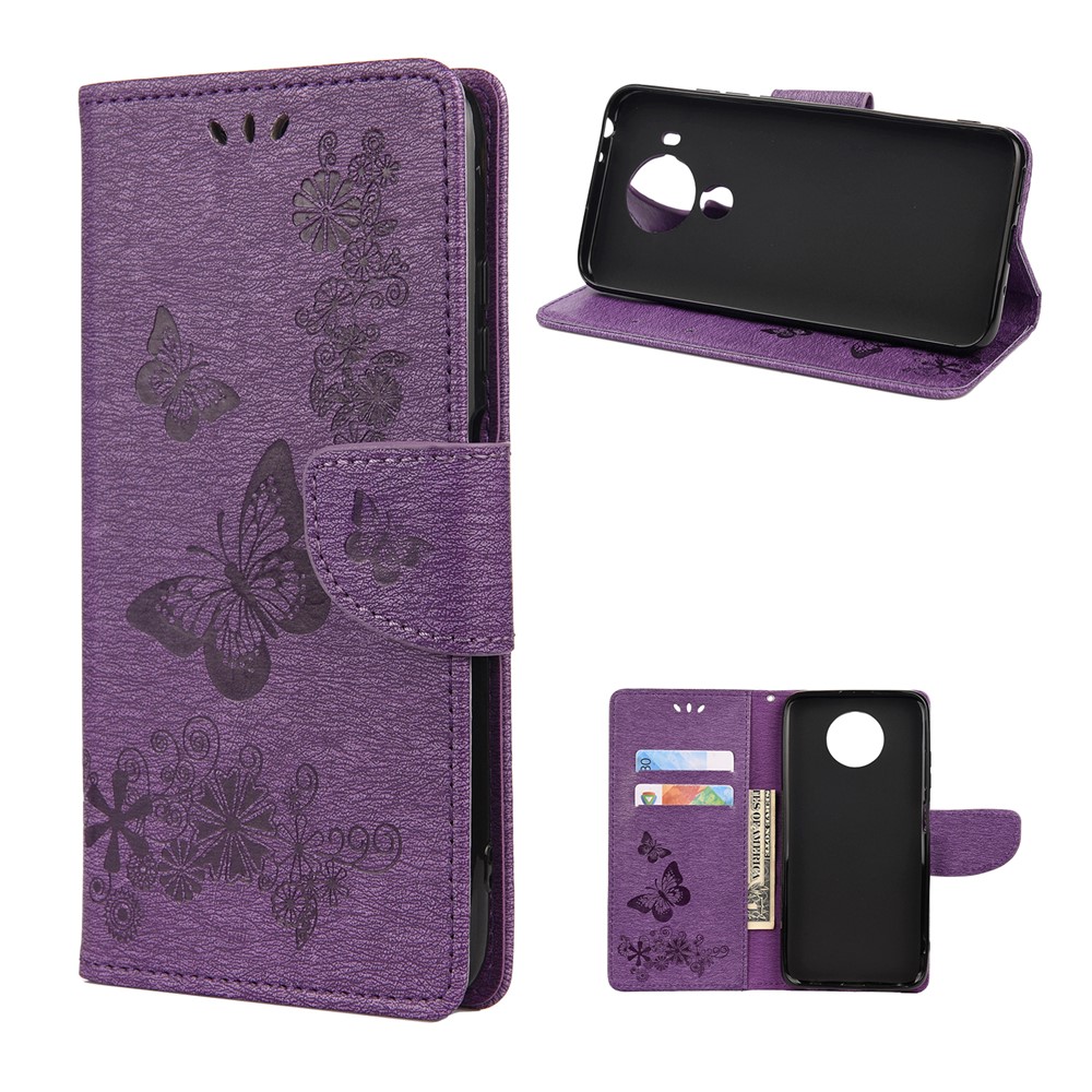 Imprinted Butterflies Flower Leather Wallet Stand Case for Xiaomi Redmi Note 9 5G / Redmi Note 9T 5G - Purple-1