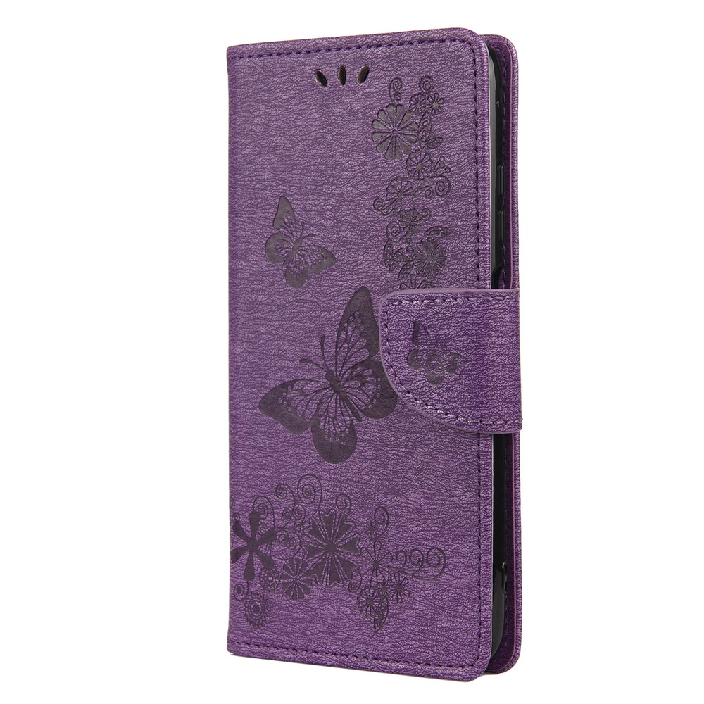 Imprinted Butterflies Flower Leather Wallet Stand Case for Xiaomi Redmi Note 9 5G / Redmi Note 9T 5G - Purple-2