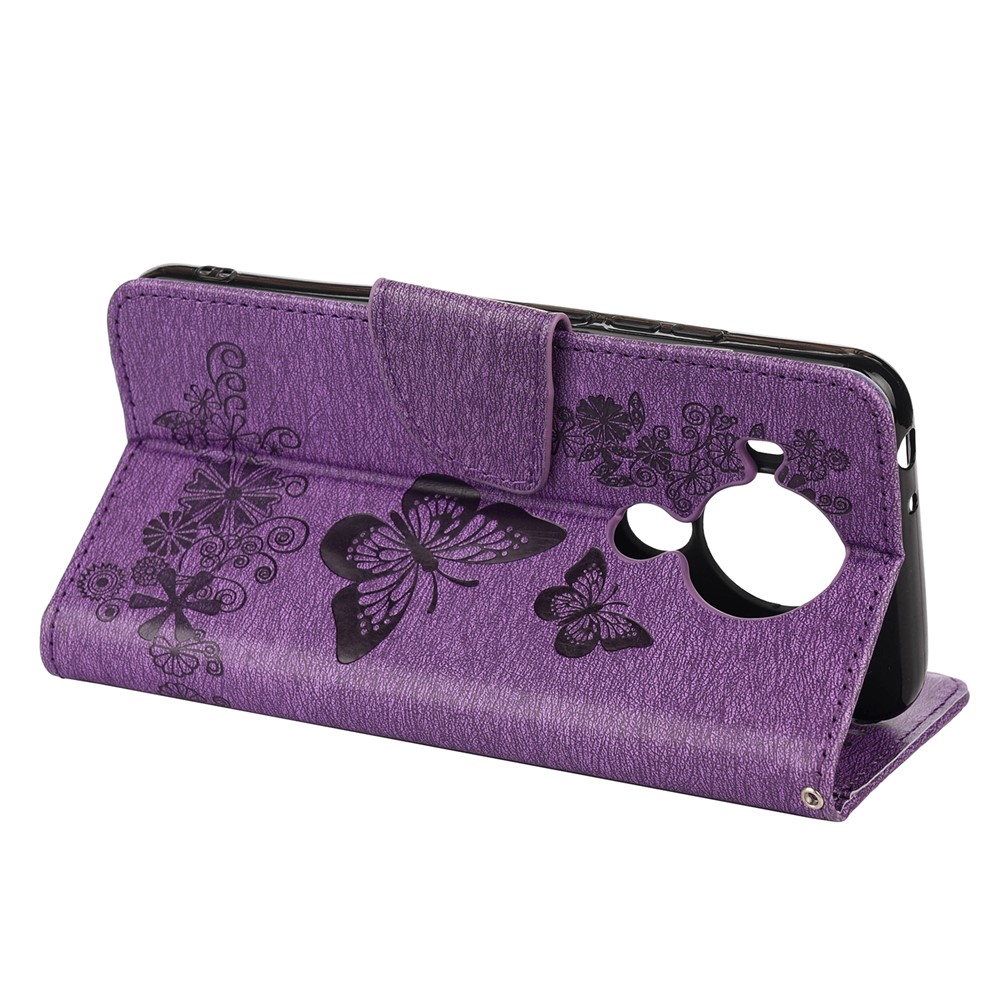 Imprinted Butterflies Flower Leather Wallet Stand Case for Xiaomi Redmi Note 9 5G / Redmi Note 9T 5G - Purple-6