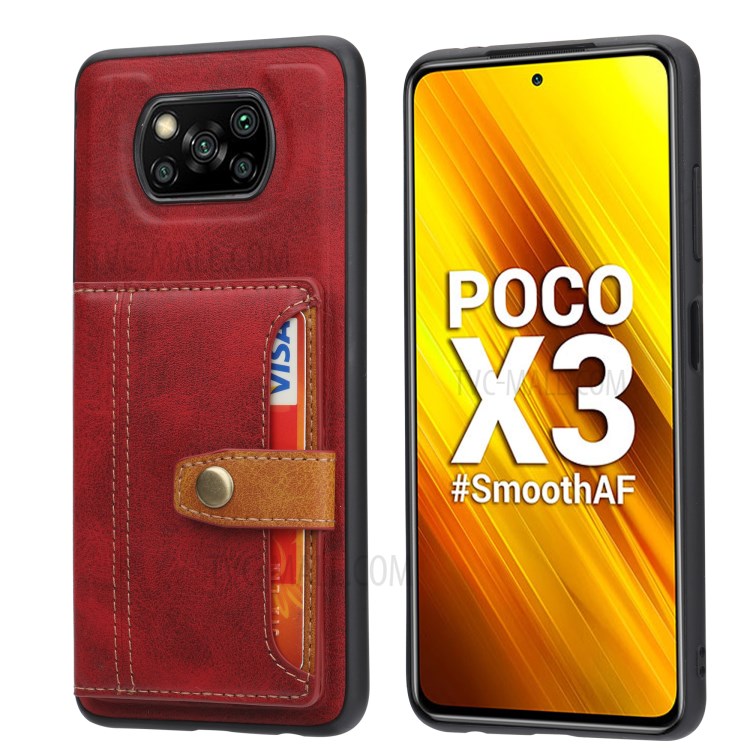 Card Slots Kickstand PU Leather Coated TPU Case for Xiaomi Poco X3 NFC/X3 - Red-1