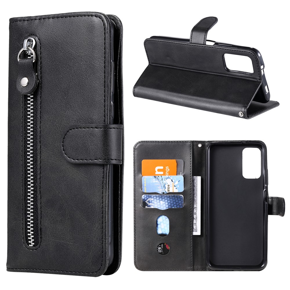Zipper Pocket Leather Wallet Stand Case for Xiaomi Poco M3 / Redmi Note 9 4G (Qualcomm Snapdragon 662) / Redmi 9T / Redmi 9 Power - Black-1