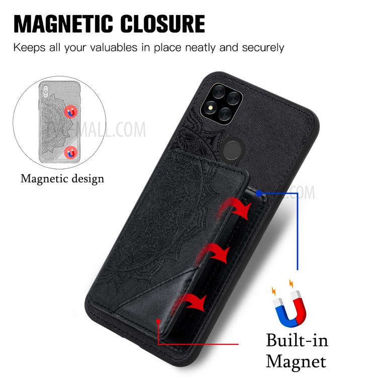 Mandala Flower Pattern PU Leather+TPU Flip Wallet Phone Case for Xiaomi Redmi 9C - Black-10