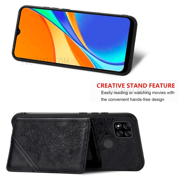 Mandala Flower Pattern PU Leather+TPU Flip Wallet Phone Case for Xiaomi Redmi 9C - Black-4