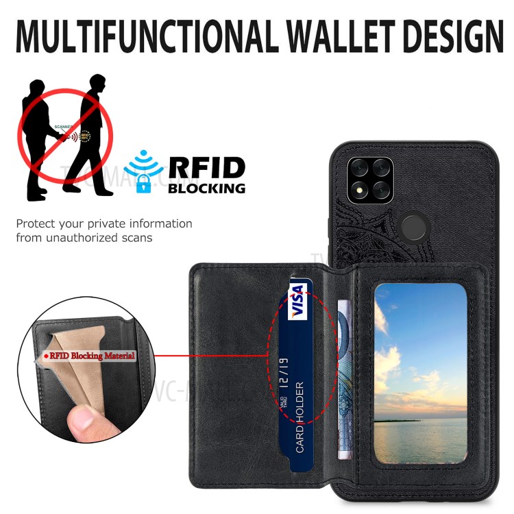 Mandala Flower Pattern PU Leather+TPU Flip Wallet Phone Case for Xiaomi Redmi 9C - Black-7