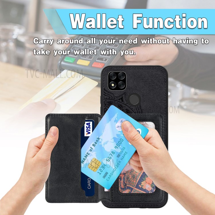 Mandala Flower Pattern PU Leather+TPU Flip Wallet Phone Case for Xiaomi Redmi 9C - Black-8