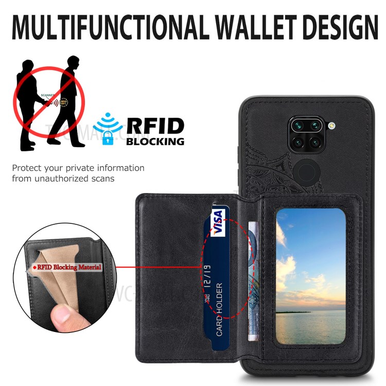 Mandala Flower Pattern PU Leather+TPU Flip Wallet Phone Case for Xiaomi Redmi Note 9 4G / Redmi 10X 4G - Black-7