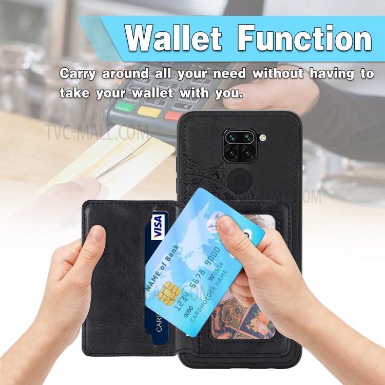 Mandala Flower Pattern PU Leather+TPU Flip Wallet Phone Case for Xiaomi Redmi Note 9 4G / Redmi 10X 4G - Black-8