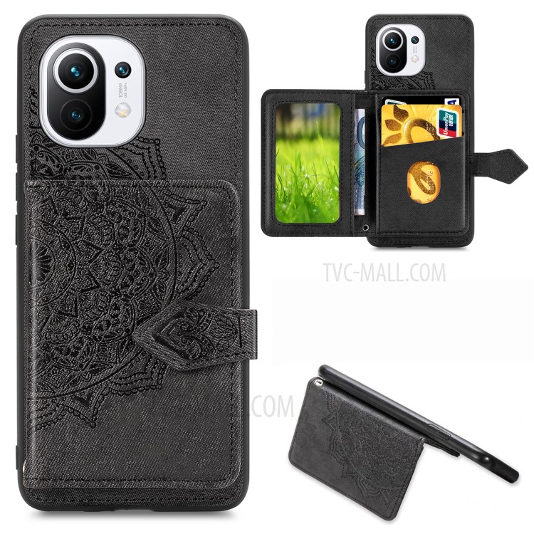 Mandala Pattern Printing PU Leather Coated TPU Phone Case with Strap for Xiaomi Mi 11 - Black-1