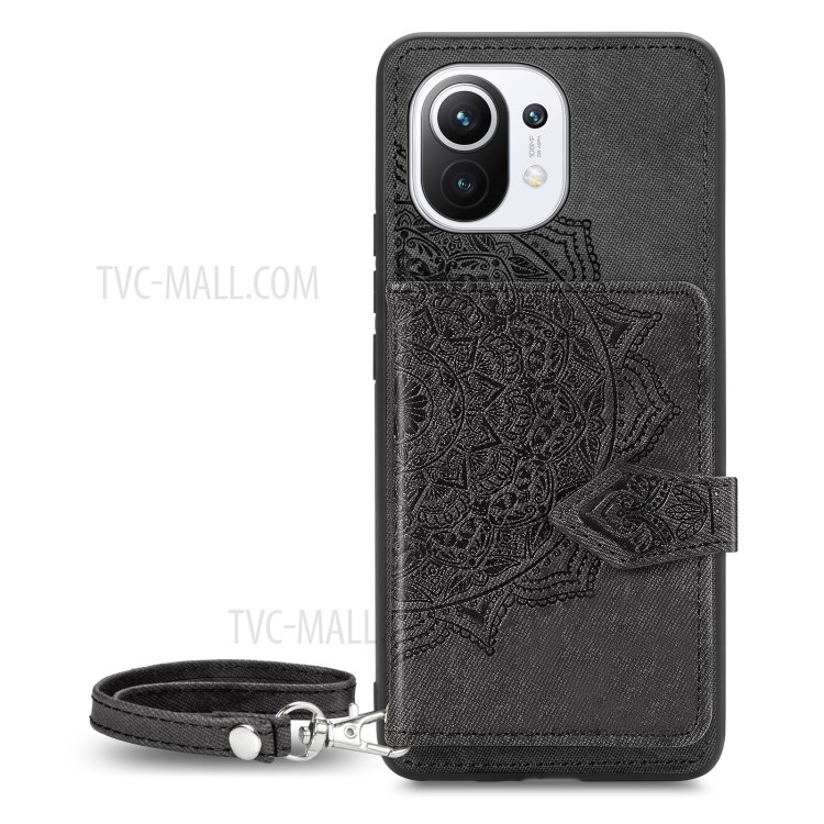 Mandala Pattern Printing PU Leather Coated TPU Phone Case with Strap for Xiaomi Mi 11 - Black-2