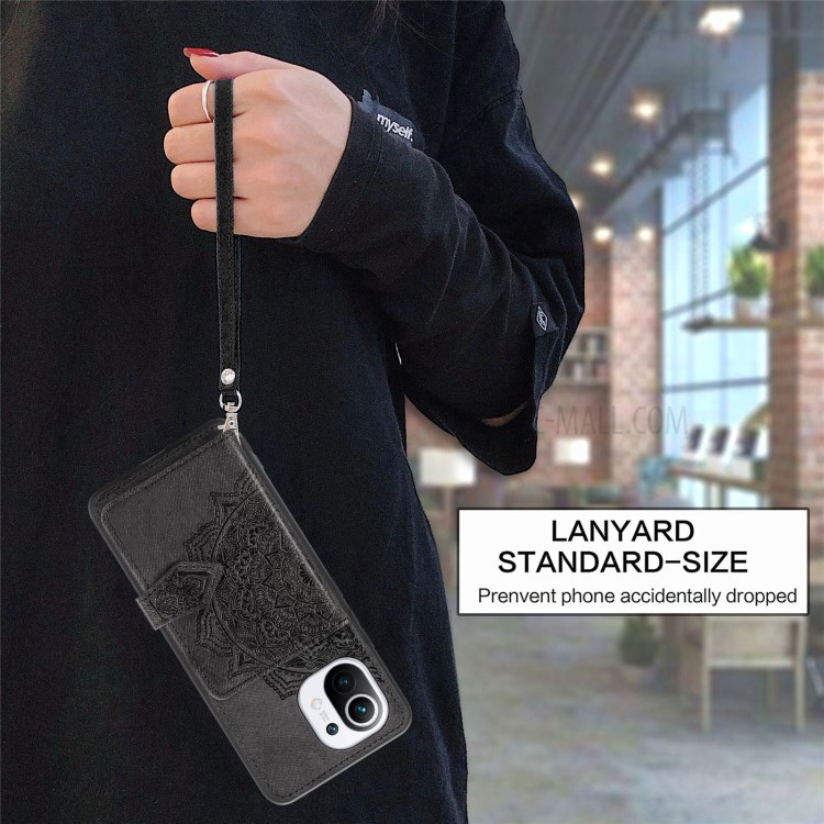 Mandala Pattern Printing PU Leather Coated TPU Phone Case with Strap for Xiaomi Mi 11 - Black-4