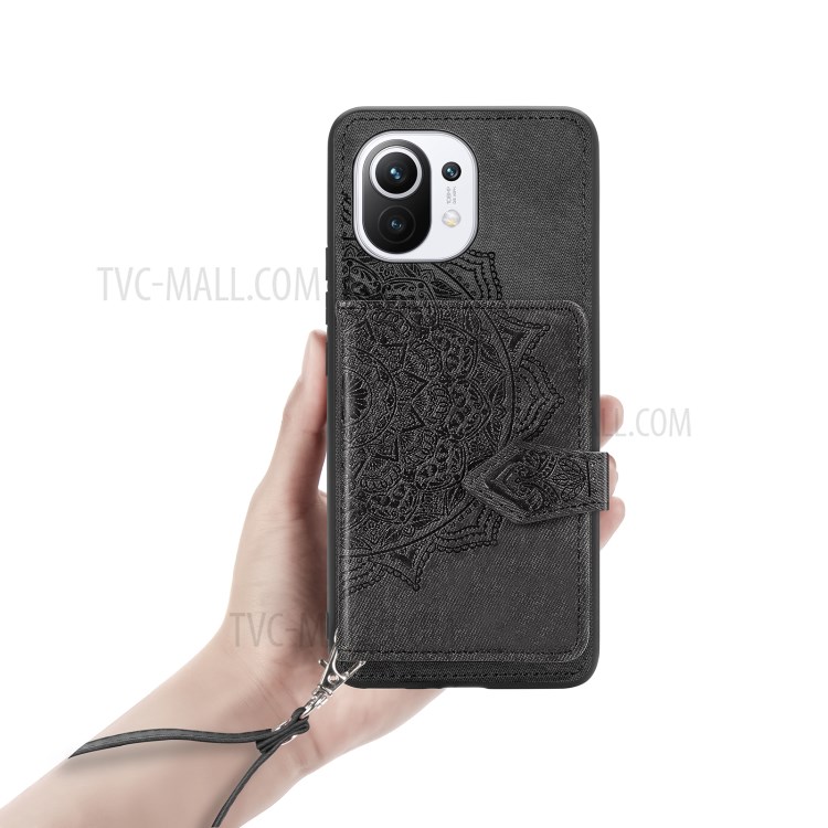 Mandala Pattern Printing PU Leather Coated TPU Phone Case with Strap for Xiaomi Mi 11 - Black-7