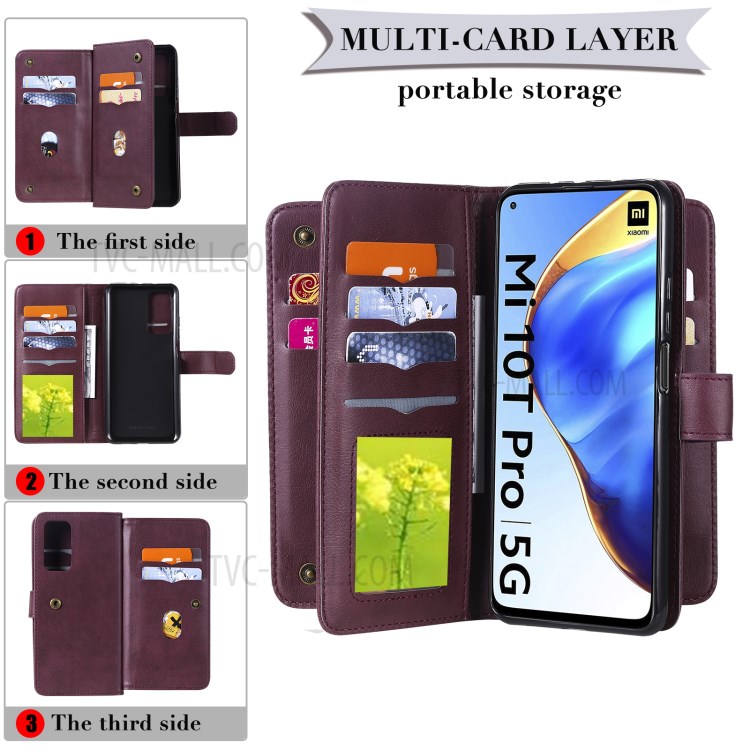New Arrival Leather Cover Shell with Multi-function 10 Card Slots for Xiaomi Mi 10T Pro 5G / Mi 10T 5G / Redmi K30S - Red-20
