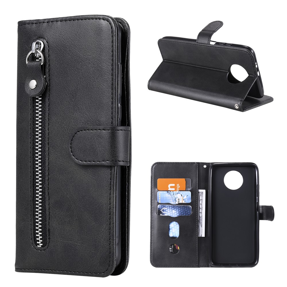 Zipper Pocket Leather Wallet Stand Case for Xiaomi Redmi Note 9 5G / Redmi Note 9T 5G - Black-1