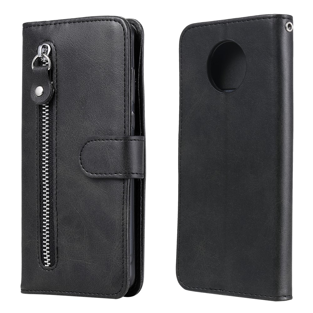 Zipper Pocket Leather Wallet Stand Case for Xiaomi Redmi Note 9 5G / Redmi Note 9T 5G - Black-2