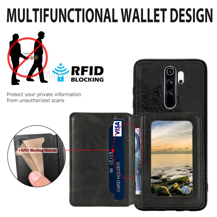 Mandala Flower Pattern PU Leather+TPU Kickstand Wallet Phone Case for Xiaomi Redmi Note 8 Pro - Black-6