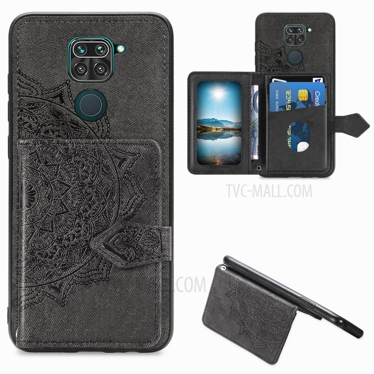Wallet Kickstand Mandala Imprinting PU Leather Coated TPU Case + Lanyard for Xiaomi Redmi 10X 4G/Note 9 (MTK Helio G85) - Black-1
