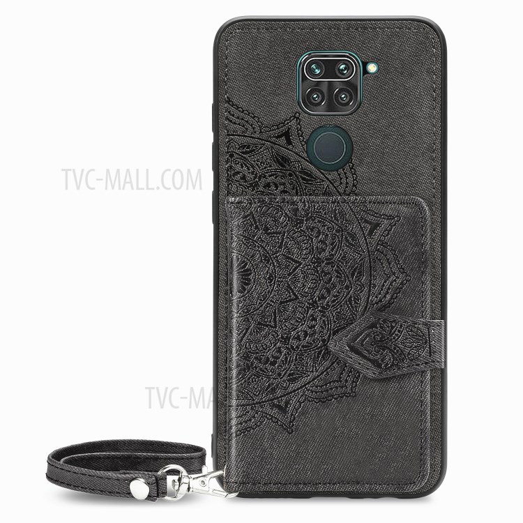 Wallet Kickstand Mandala Imprinting PU Leather Coated TPU Case + Lanyard for Xiaomi Redmi 10X 4G/Note 9 (MTK Helio G85) - Black-2