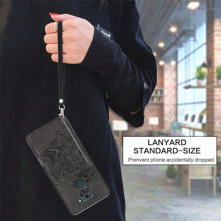 Wallet Kickstand Mandala Imprinting PU Leather Coated TPU Case + Lanyard for Xiaomi Redmi 10X 4G/Note 9 (MTK Helio G85) - Black-4