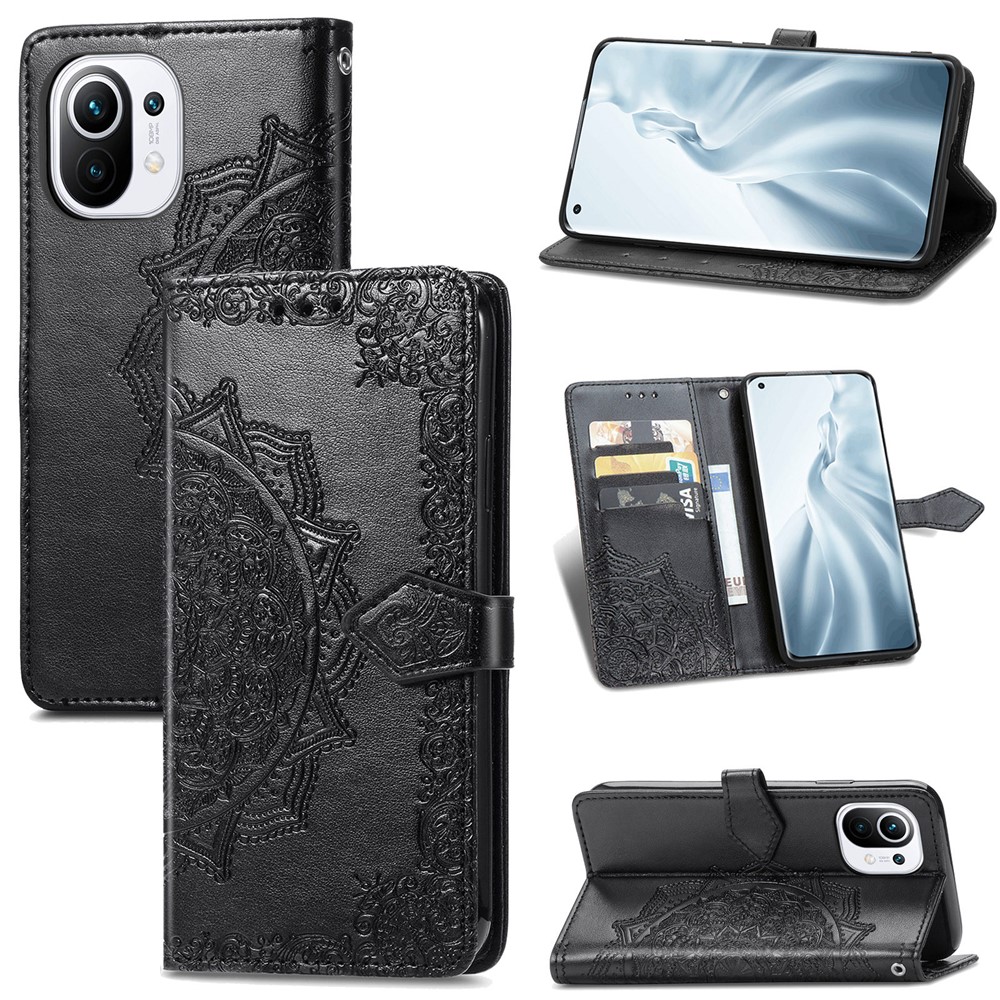 Mandala Flower Embossment PU Leather Case Stand Wallet Design for Xiaomi Mi 11 - Black-1