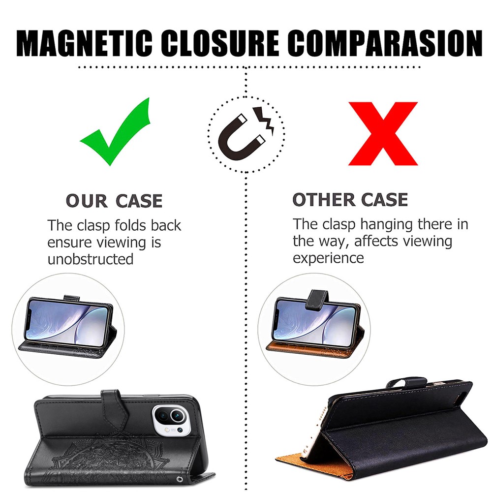 Mandala Flower Embossment PU Leather Case Stand Wallet Design for Xiaomi Mi 11 - Black-11
