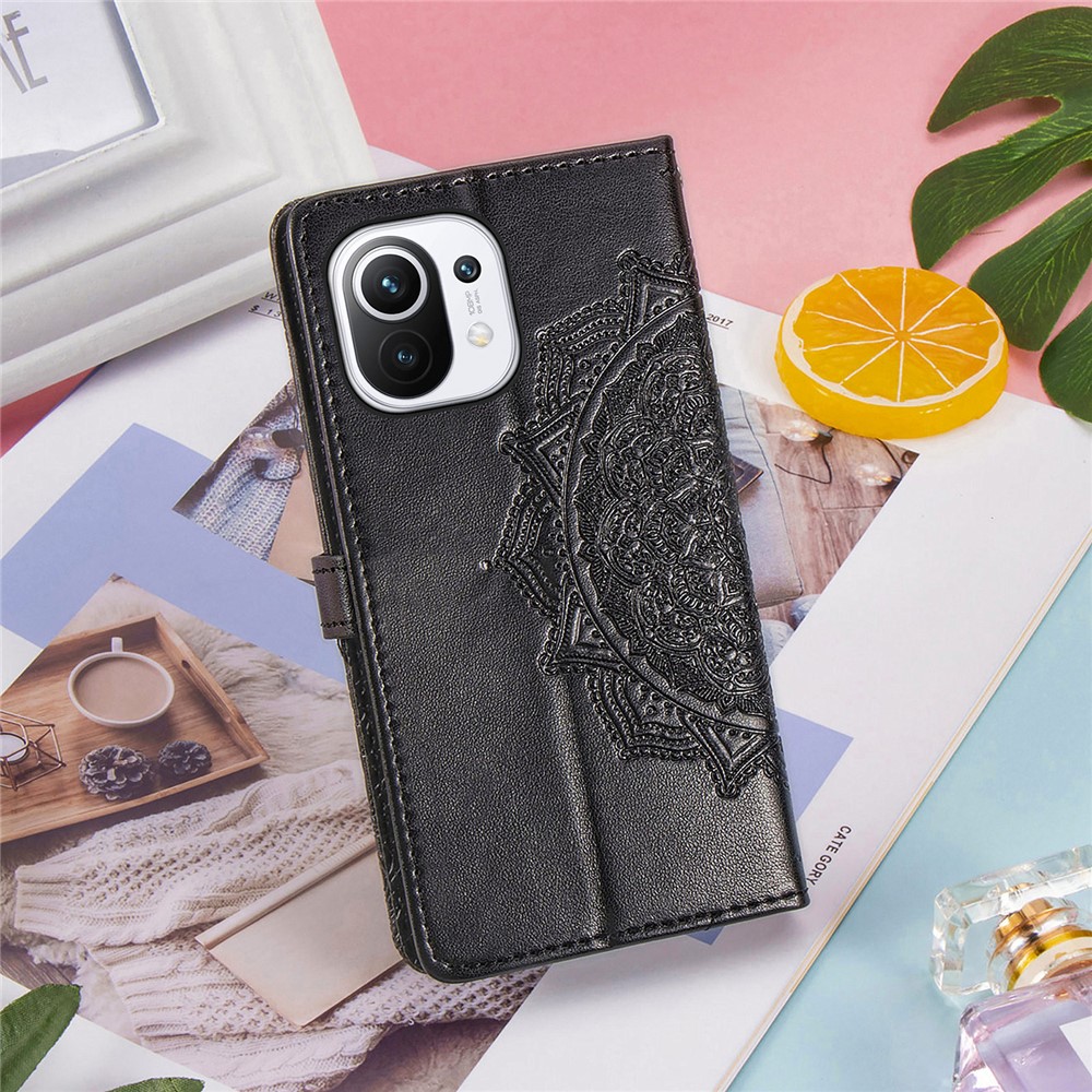 Mandala Flower Embossment PU Leather Case Stand Wallet Design for Xiaomi Mi 11 - Black-15