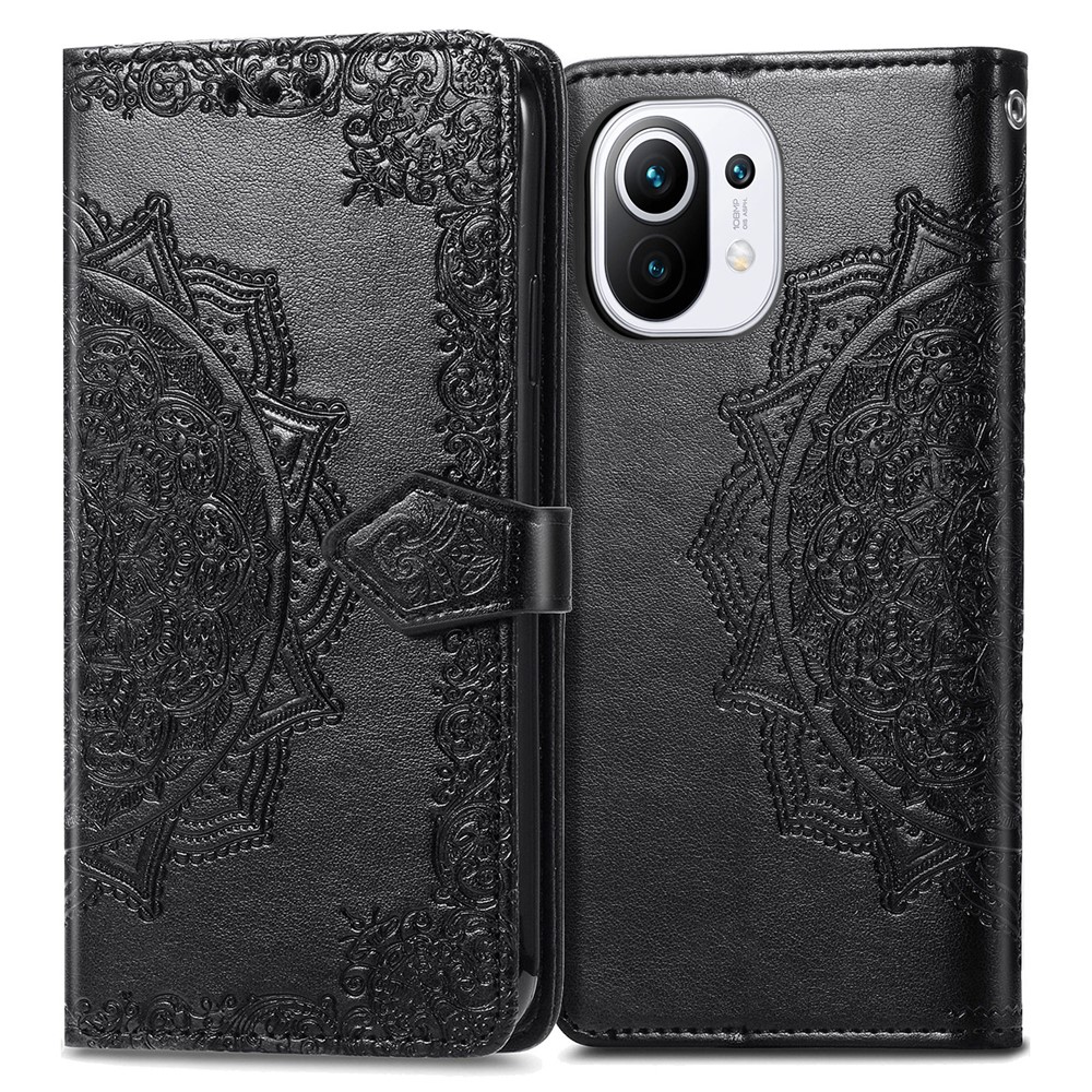 Mandala Flower Embossment PU Leather Case Stand Wallet Design for Xiaomi Mi 11 - Black-2