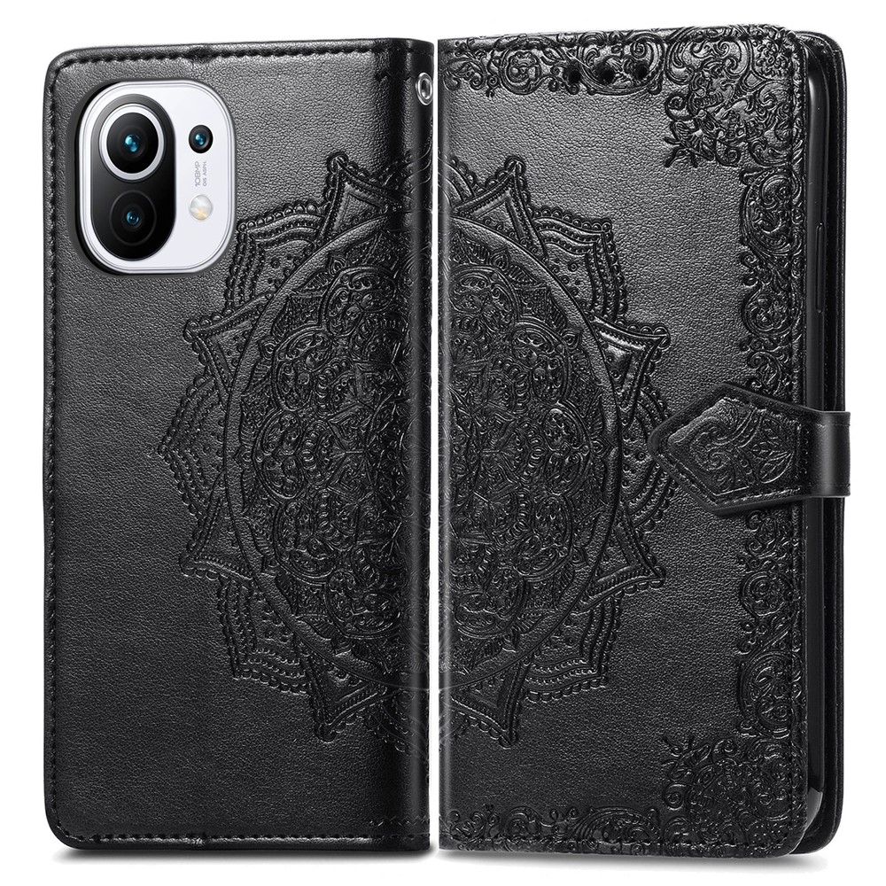 Mandala Flower Embossment PU Leather Case Stand Wallet Design for Xiaomi Mi 11 - Black-3