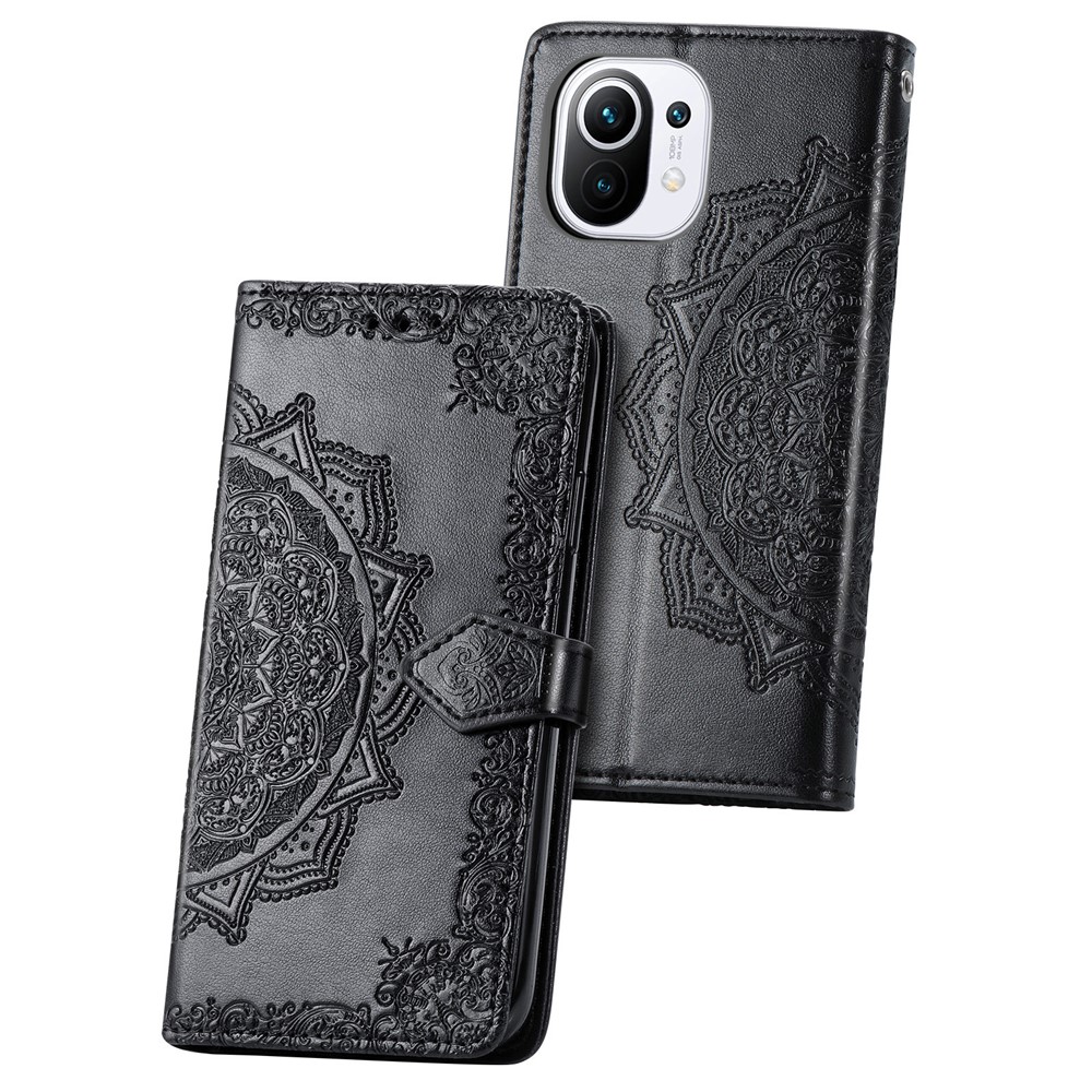 Mandala Flower Embossment PU Leather Case Stand Wallet Design for Xiaomi Mi 11 - Black-4