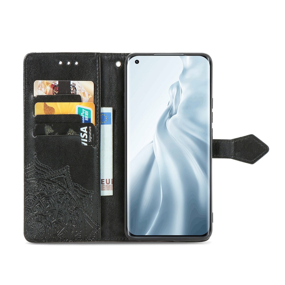 Mandala Flower Embossment PU Leather Case Stand Wallet Design for Xiaomi Mi 11 - Black-5