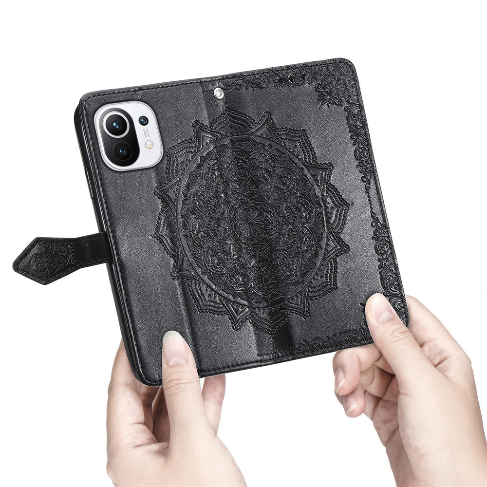 Mandala Flower Embossment PU Leather Case Stand Wallet Design for Xiaomi Mi 11 - Black-7