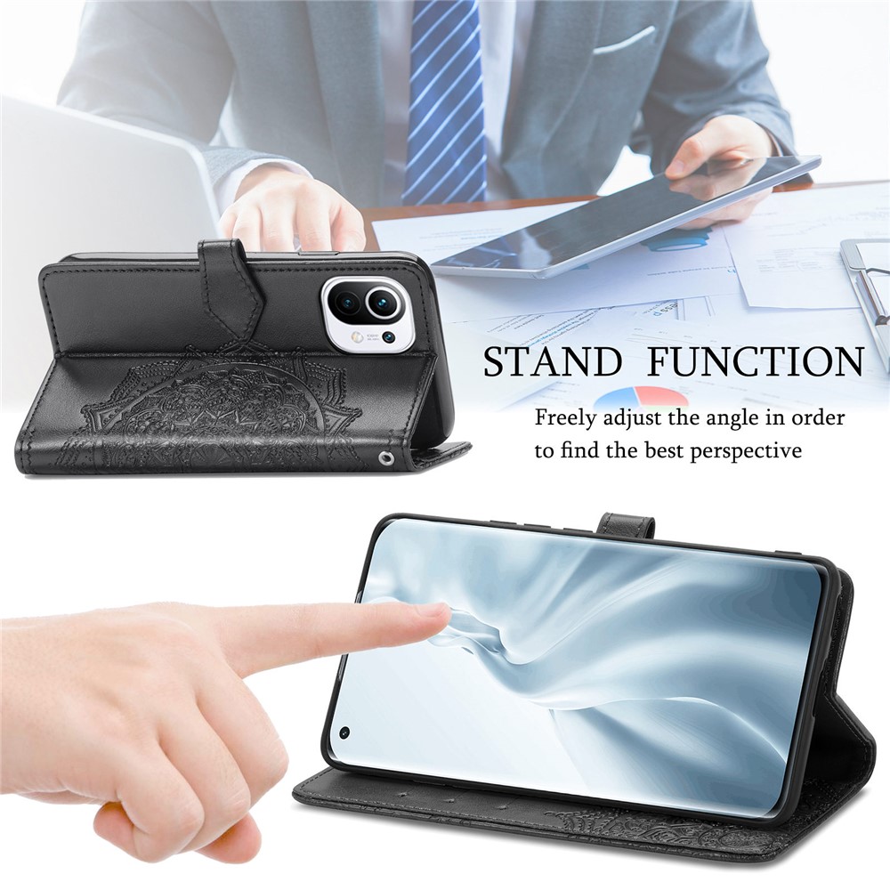 Mandala Flower Embossment PU Leather Case Stand Wallet Design for Xiaomi Mi 11 - Black-8