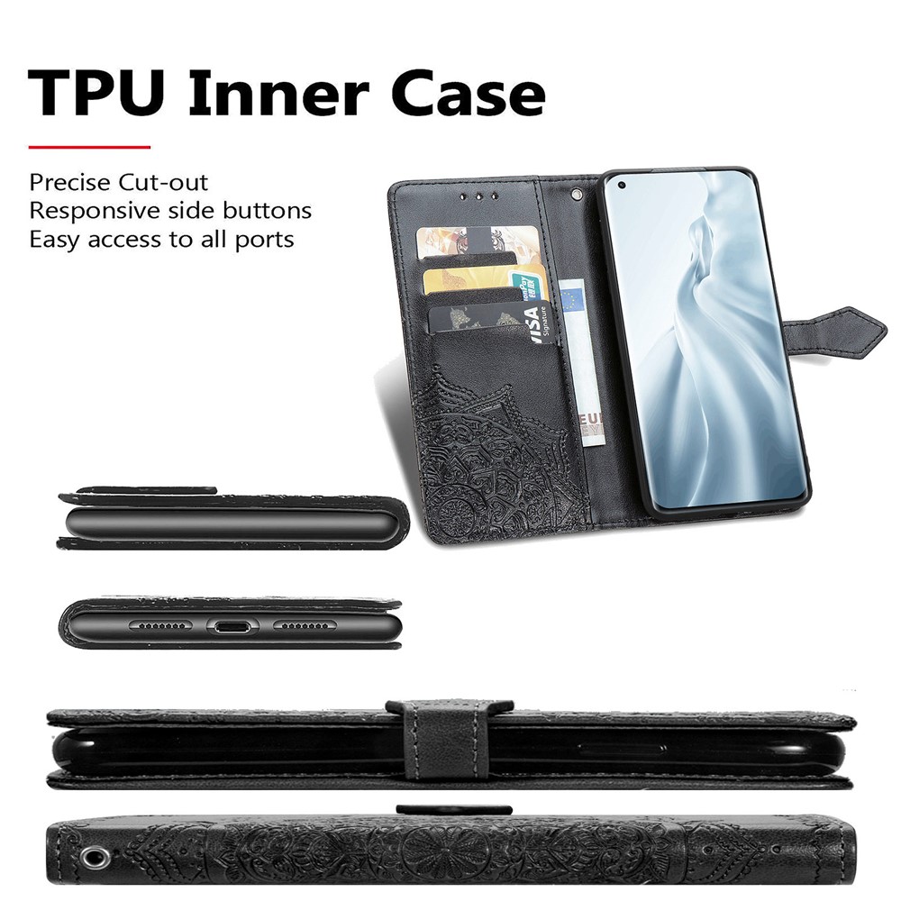 Mandala Flower Embossment PU Leather Case Stand Wallet Design for Xiaomi Mi 11 - Black-9