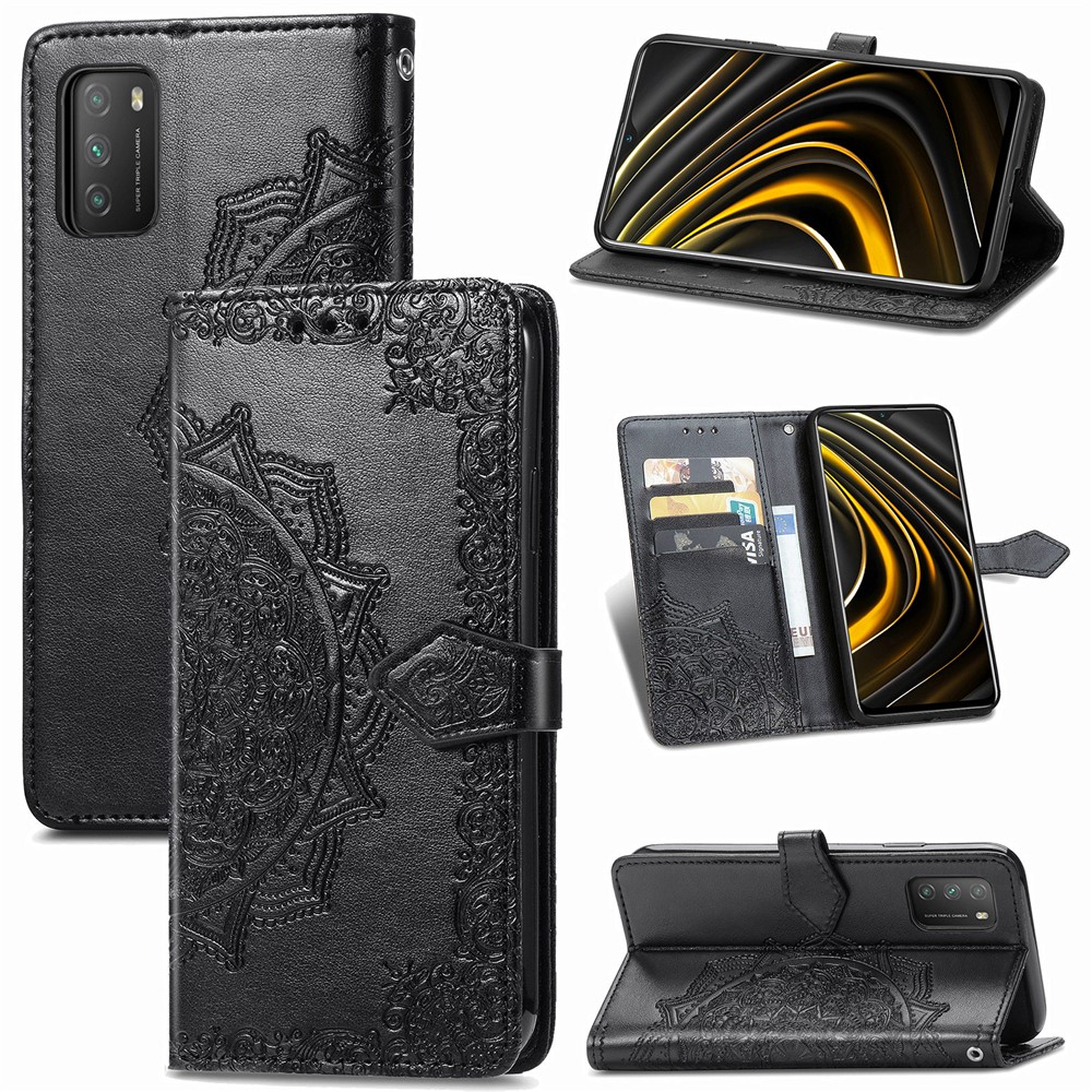 Embossment Workmanship Mandala Flower PU Leather Wallet Stand Case for Xiaomi Poco M3 - Black-1