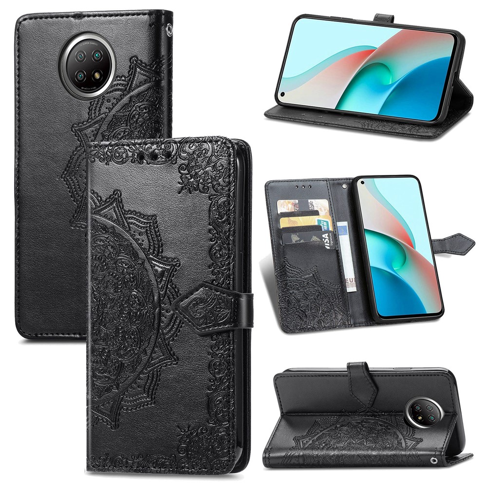 PU Leather Wallet Stand Case with Embossed Mandala Flower for Xiaomi Redmi Note 9 5G/Note 9 Pro 5G - Black-1