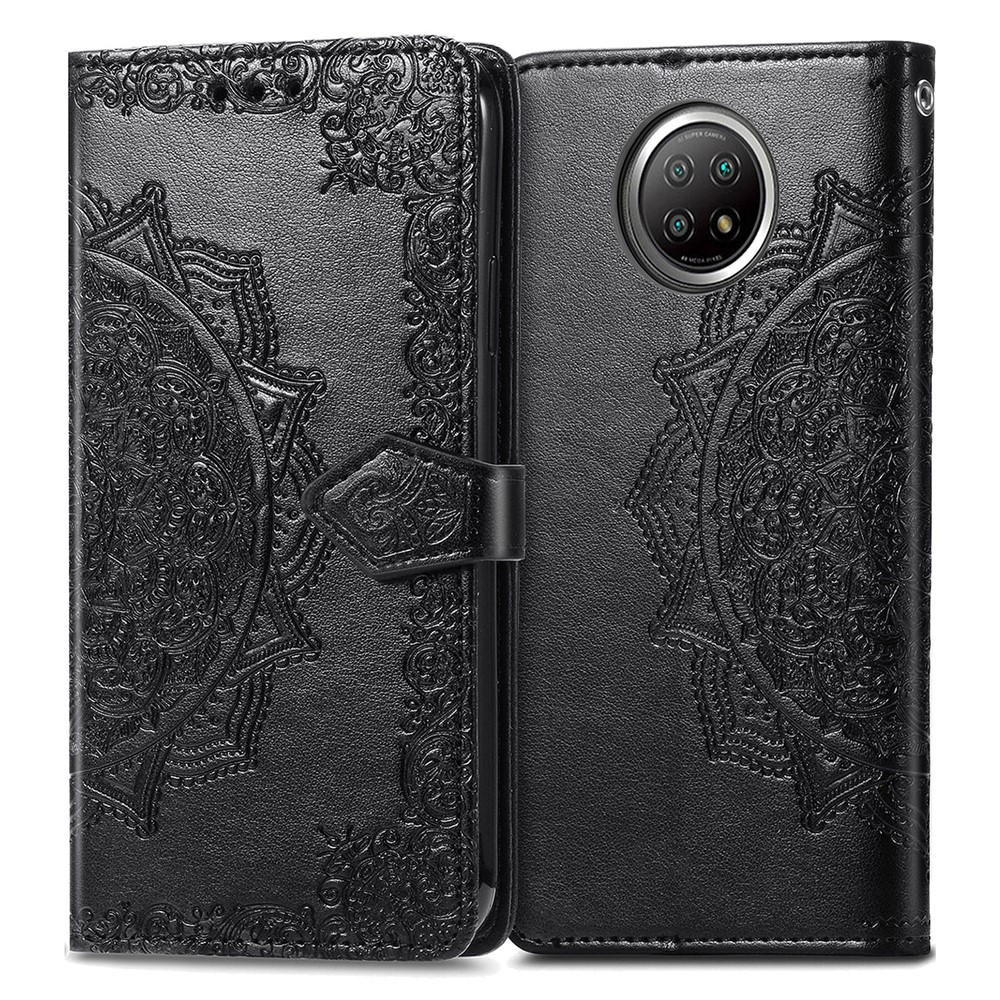 PU Leather Wallet Stand Case with Embossed Mandala Flower for Xiaomi Redmi Note 9 5G/Note 9 Pro 5G - Black-2