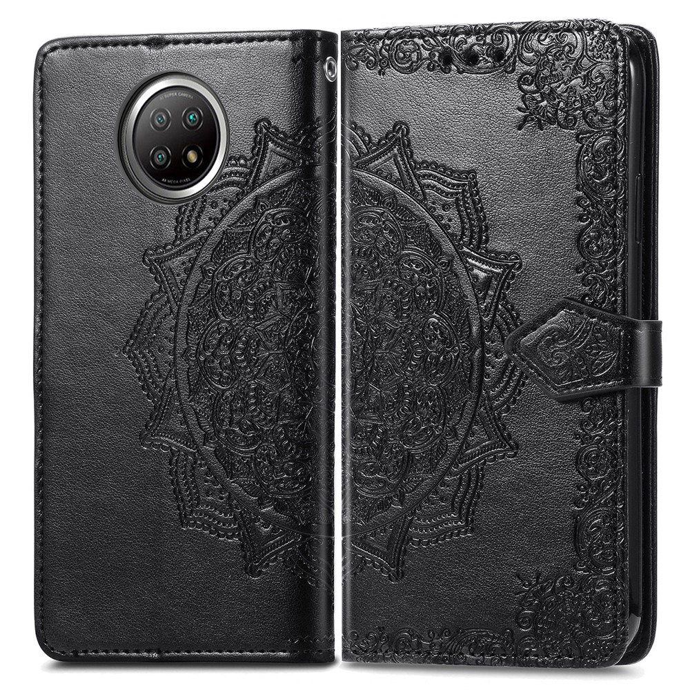 PU Leather Wallet Stand Case with Embossed Mandala Flower for Xiaomi Redmi Note 9 5G/Note 9 Pro 5G - Black-3