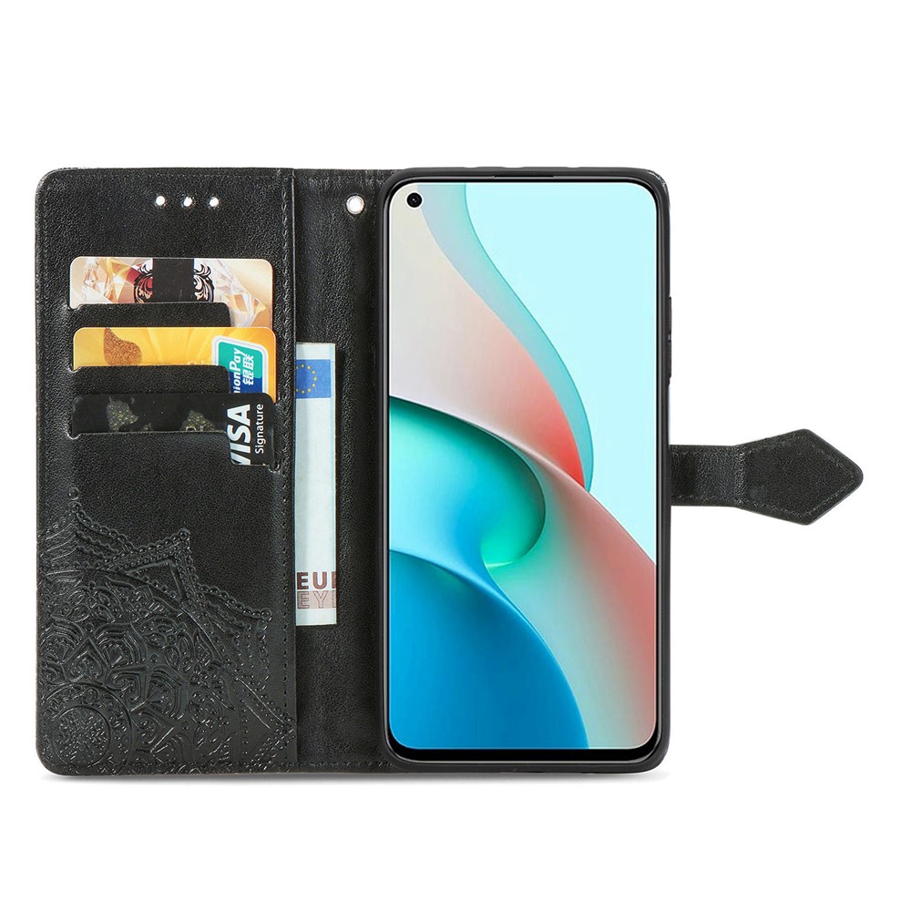 PU Leather Wallet Stand Case with Embossed Mandala Flower for Xiaomi Redmi Note 9 5G/Note 9 Pro 5G - Black-5