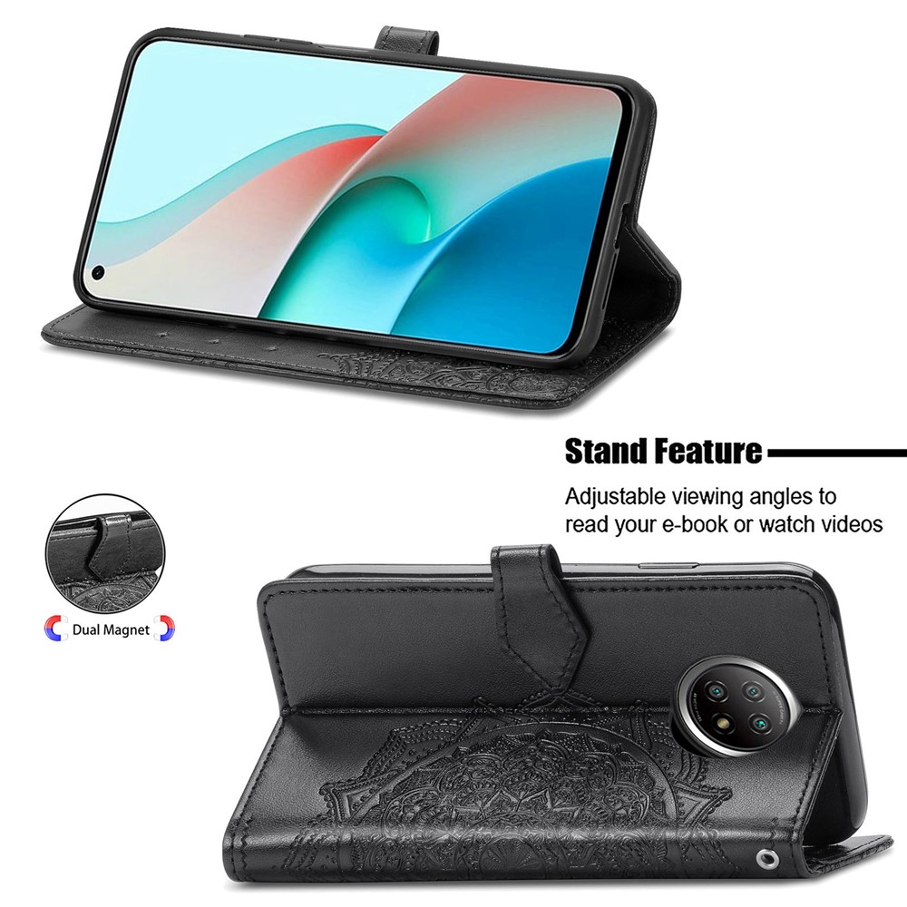 PU Leather Wallet Stand Case with Embossed Mandala Flower for Xiaomi Redmi Note 9 5G/Note 9 Pro 5G - Black-6