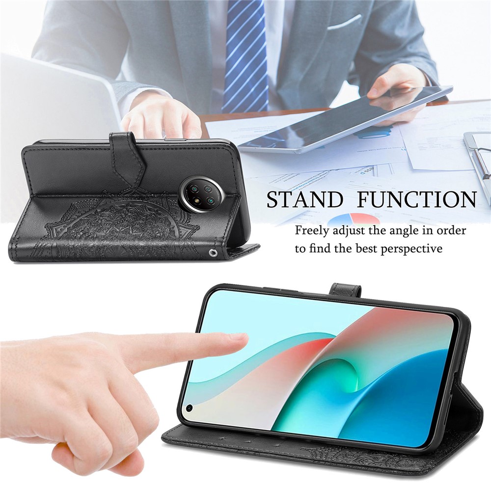 PU Leather Wallet Stand Case with Embossed Mandala Flower for Xiaomi Redmi Note 9 5G/Note 9 Pro 5G - Black-8