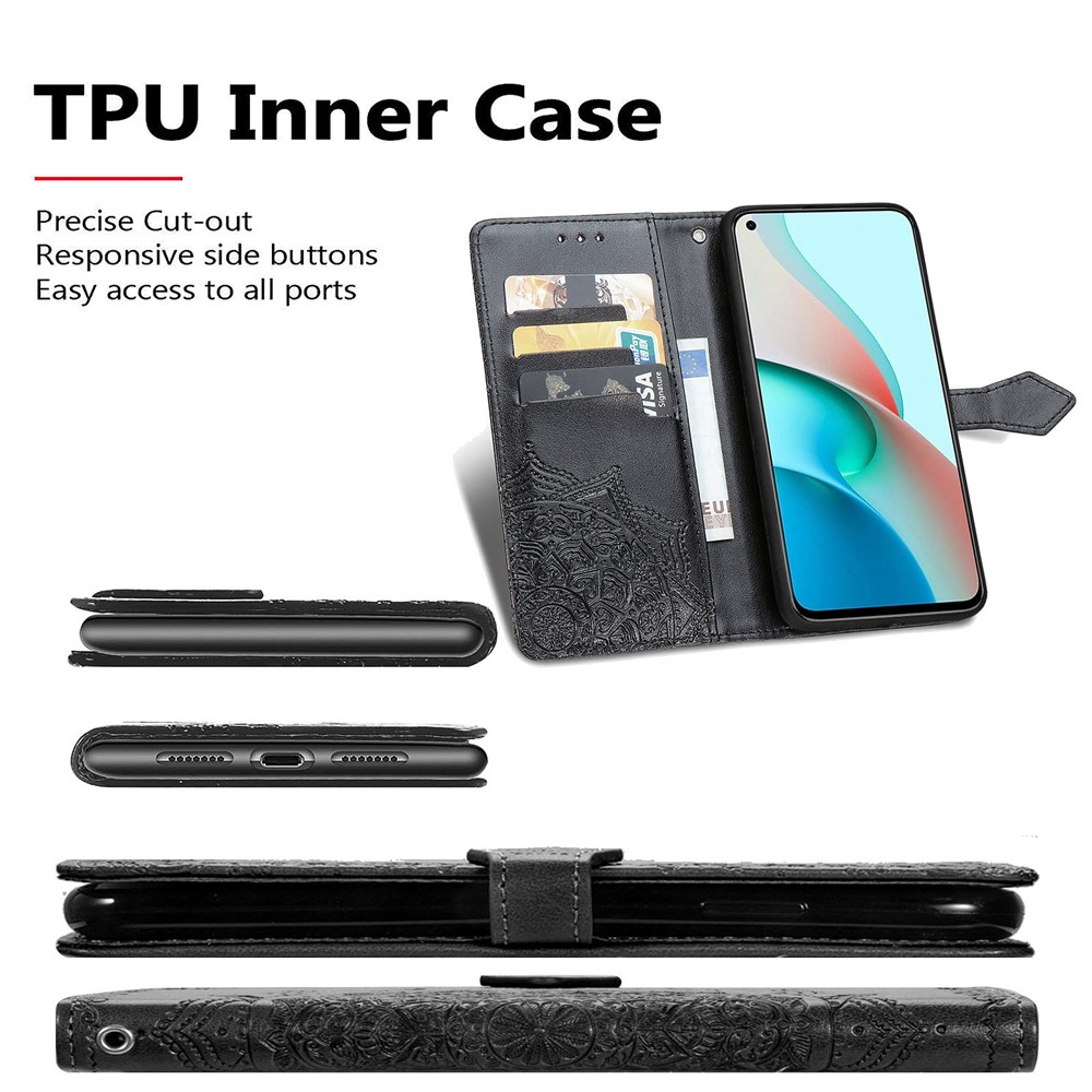 PU Leather Wallet Stand Case with Embossed Mandala Flower for Xiaomi Redmi Note 9 5G/Note 9 Pro 5G - Black-9