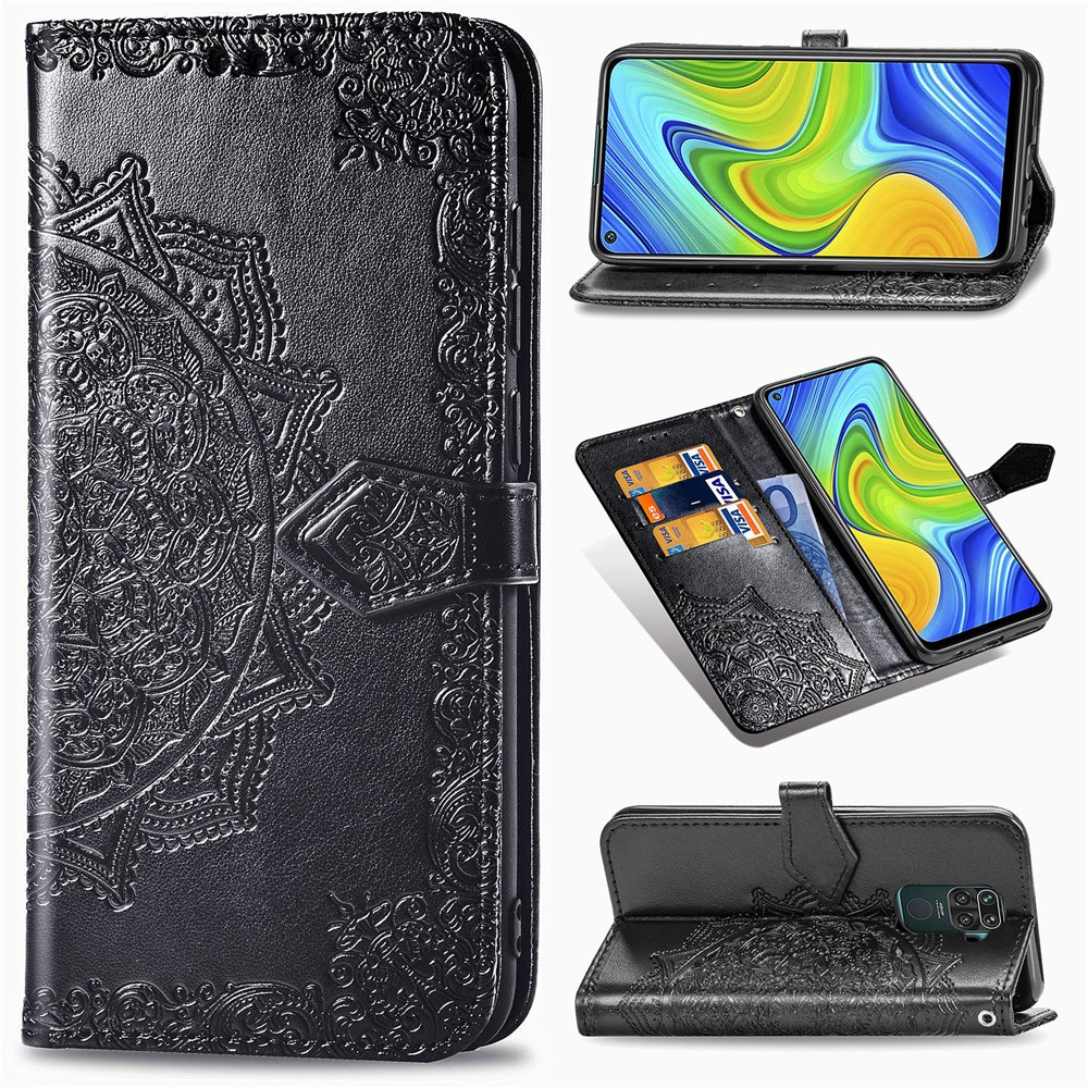 Embossed Mandala Flower PU Leather Case Wallet for Xiaomi Redmi Note 9 4G (Qualcomm Snapdragon 662) / Redmi 10X 4G - Black-1