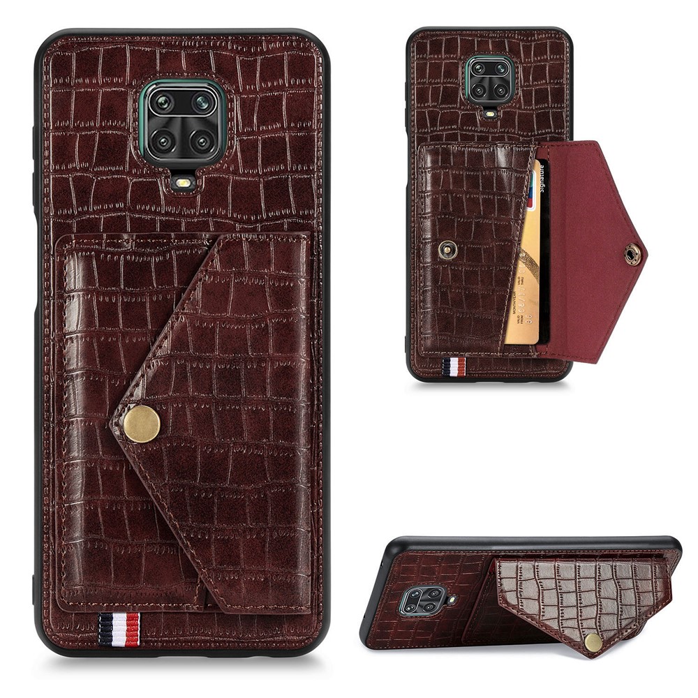 Crocodile Texture Card Holder Stand PU Leather Coated TPU Cover for Xiaomi Redmi Note 9S / Redmi Note 9 Pro / Redmi Note 9 Pro Max - Brown-1
