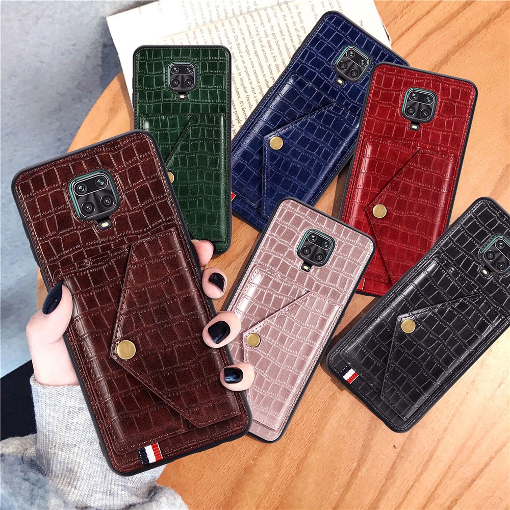 Crocodile Texture Card Holder Stand PU Leather Coated TPU Cover for Xiaomi Redmi Note 9S / Redmi Note 9 Pro / Redmi Note 9 Pro Max - Brown-10