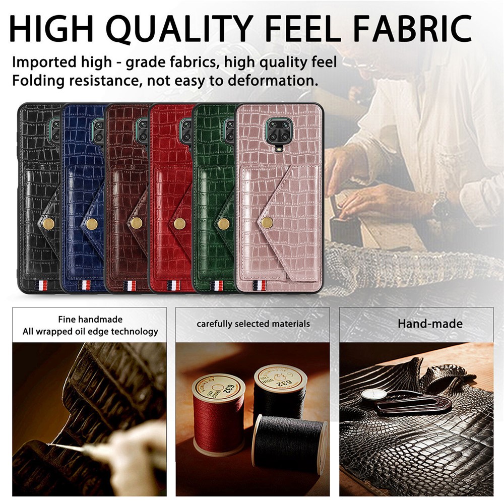 Crocodile Texture Card Holder Stand PU Leather Coated TPU Cover for Xiaomi Redmi Note 9S / Redmi Note 9 Pro / Redmi Note 9 Pro Max - Brown-12